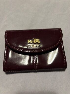 Coach Glossy Burgundy Patent Leather Mini Wallet with Gold Logo